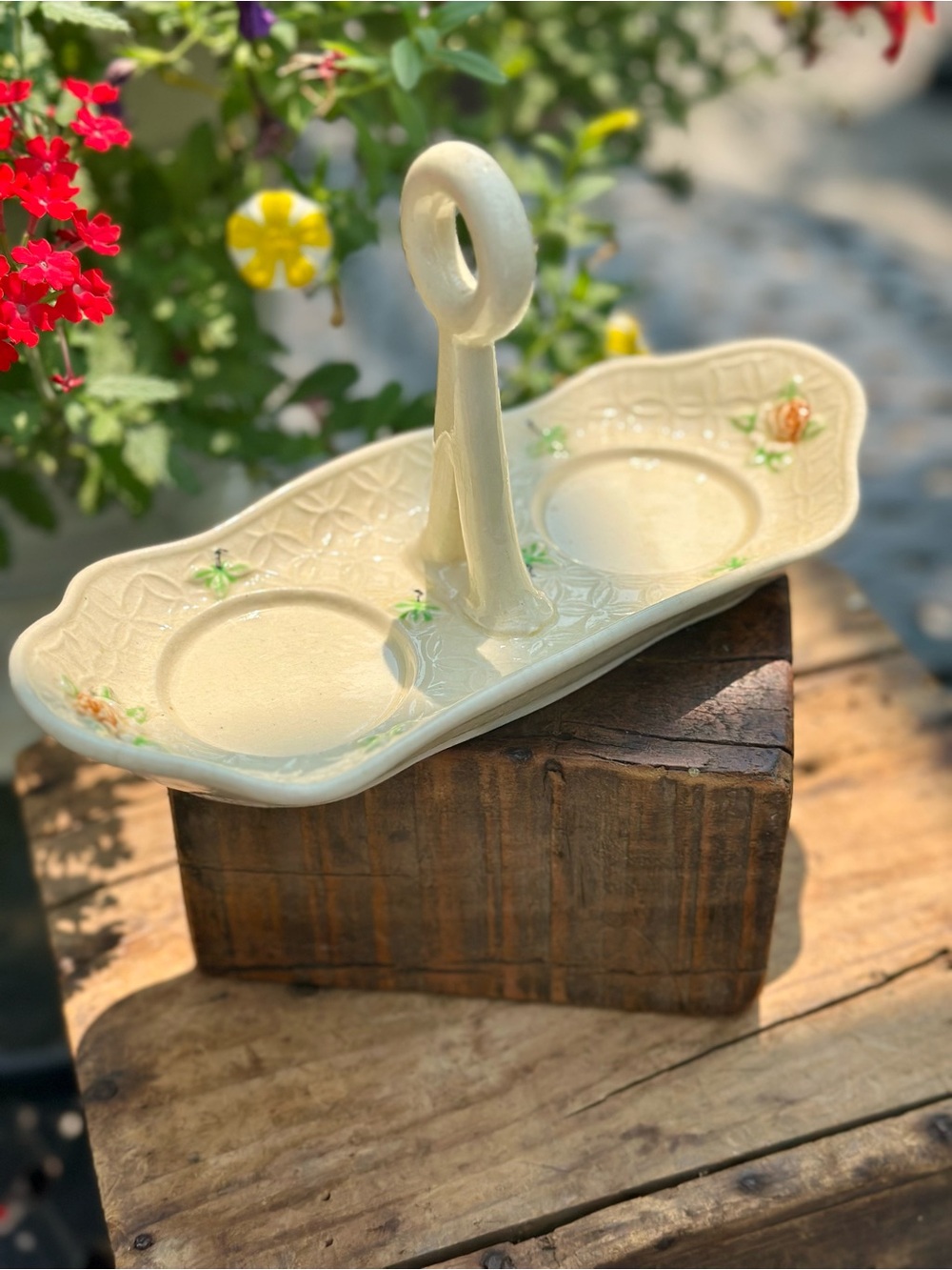 Ceramic Two Section Server with Center Handle  Cream with Hand Painted Florals